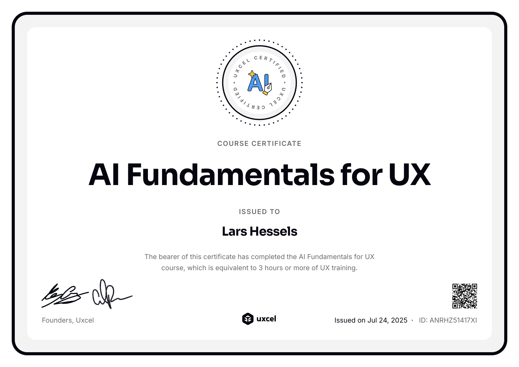 Lars Hessels's certificate